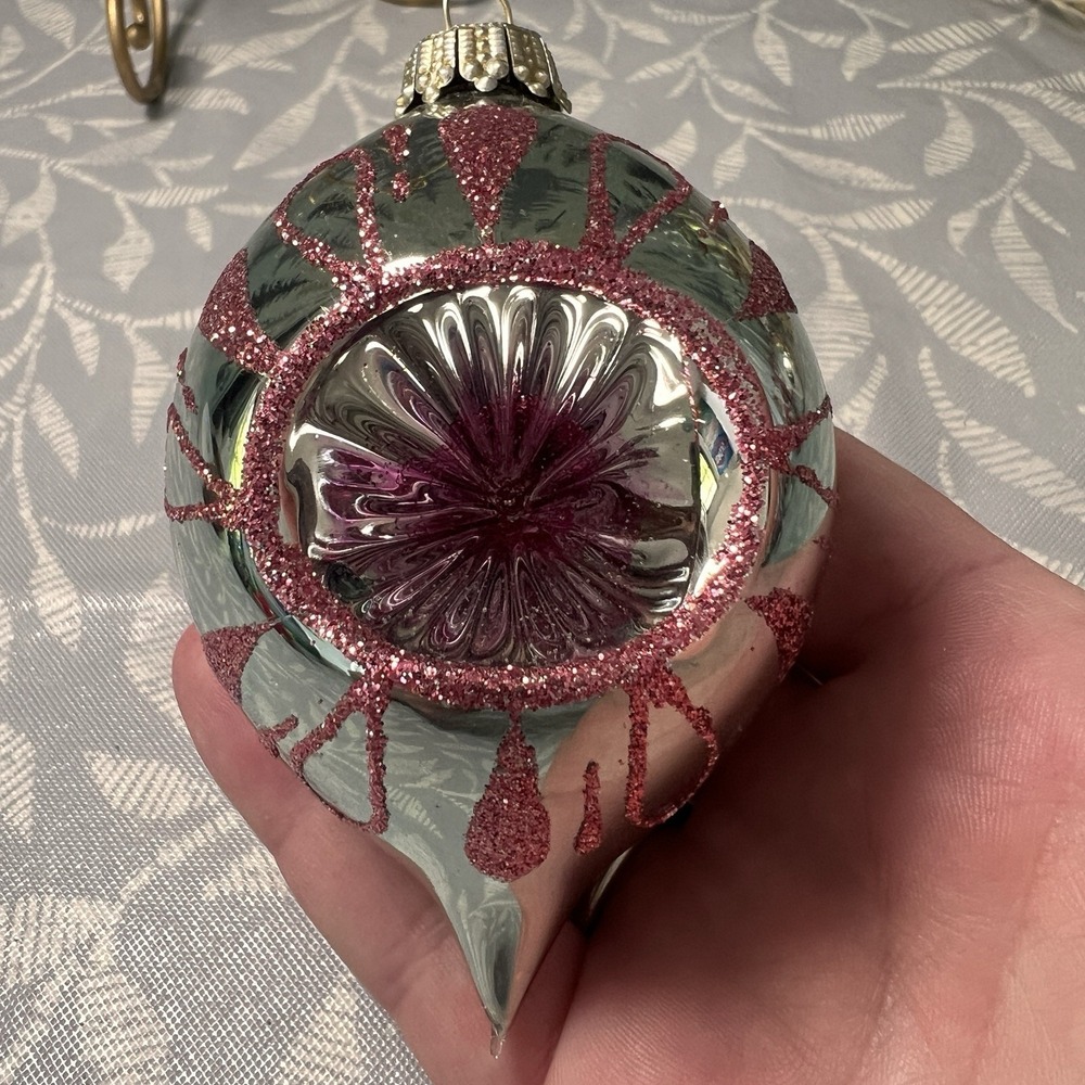 Vintage Style Glass Reflector Ornament 4" teal Pink Snowflake Designβ